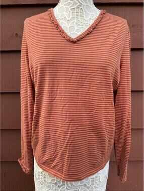 Faconnable Rust Striped V Neck Long Sleeve Cotton Top